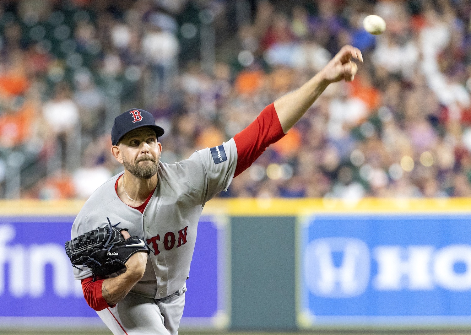 Aug 21, 2023; Houston, Texas, USA; Boston Red Sox starting pitcher James Paxton (65) pitches against the Houston Astros in the first inning at Minute Maid Park. Mandatory Credit: Thomas Shea-USA TODAY Sports