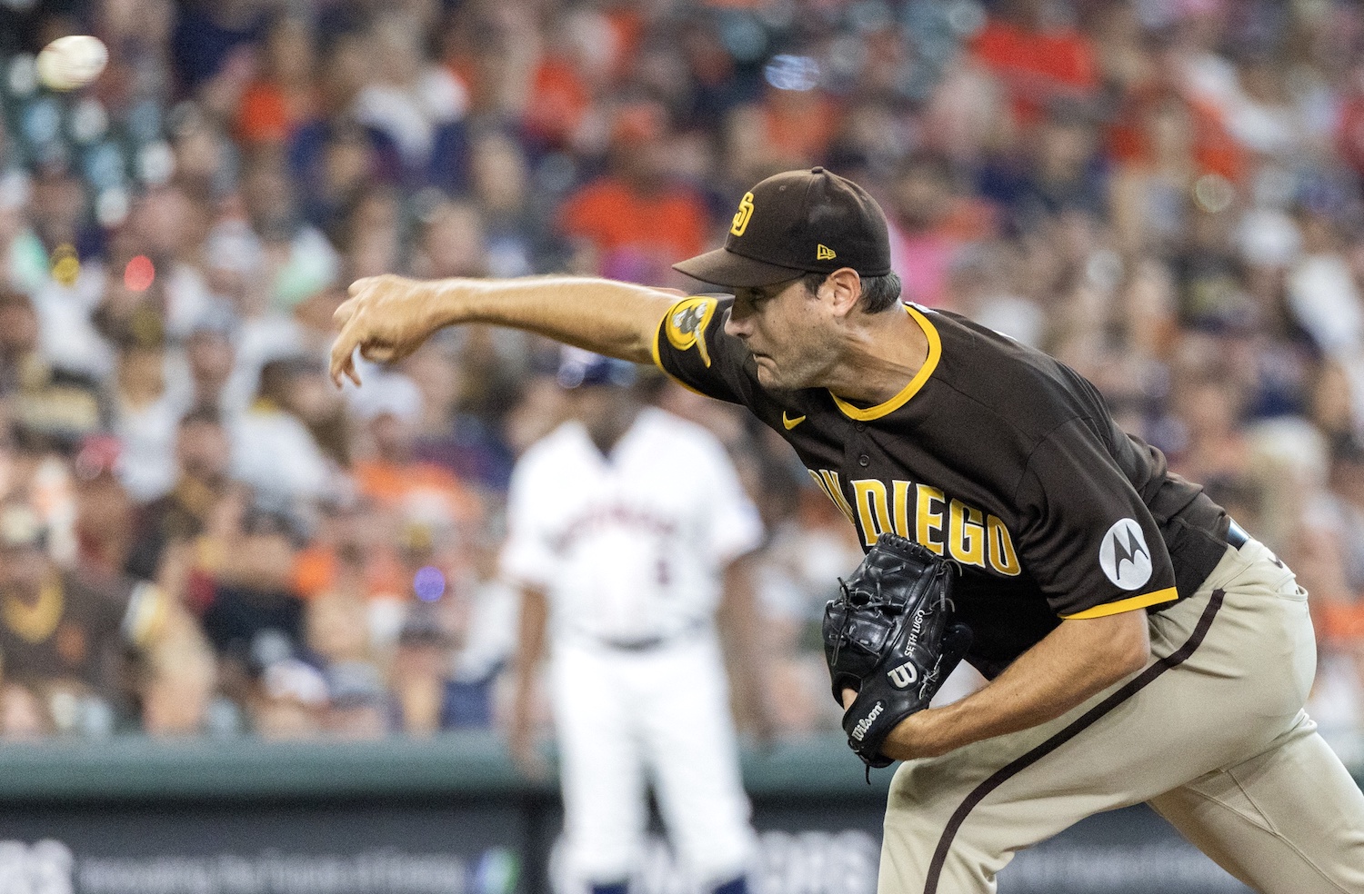 Sep 9, 2023; Houston, Texas, USA; San Diego Padres starting pitcher Seth Lugo (67) pitches against the Houston Astros in the first inning at Minute Maid Park. Mandatory Credit: Thomas Shea-USA TODAY Sports