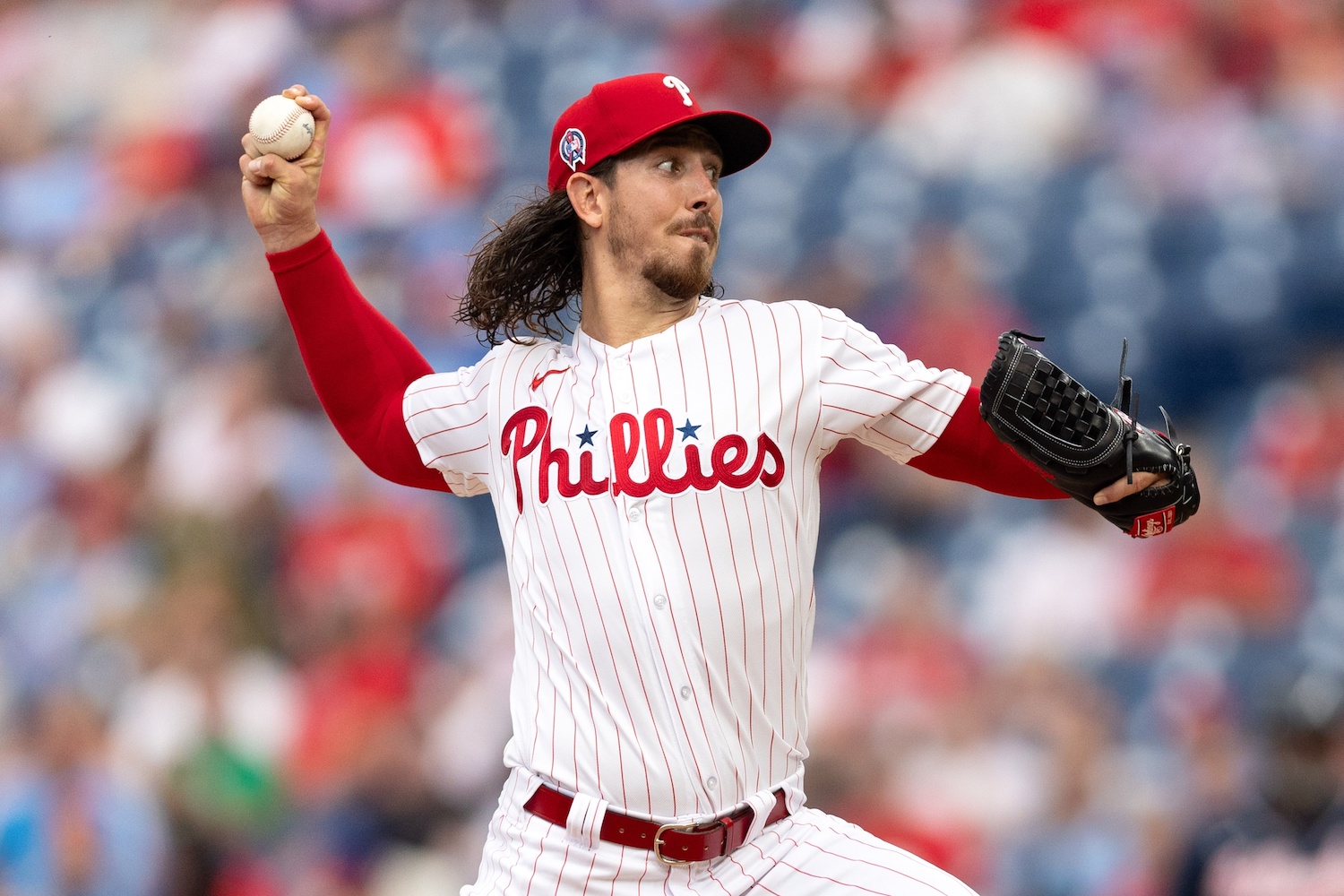 Sep 11, 2023; Philadelphia, Pennsylvania, USA; Philadelphia Phillies starting pitcher Michael Lorenzen (22) throws a pitch during the first inning against the Atlanta Braves at Citizens Bank Park. Mandatory Credit: Bill Streicher-USA TODAY Sports