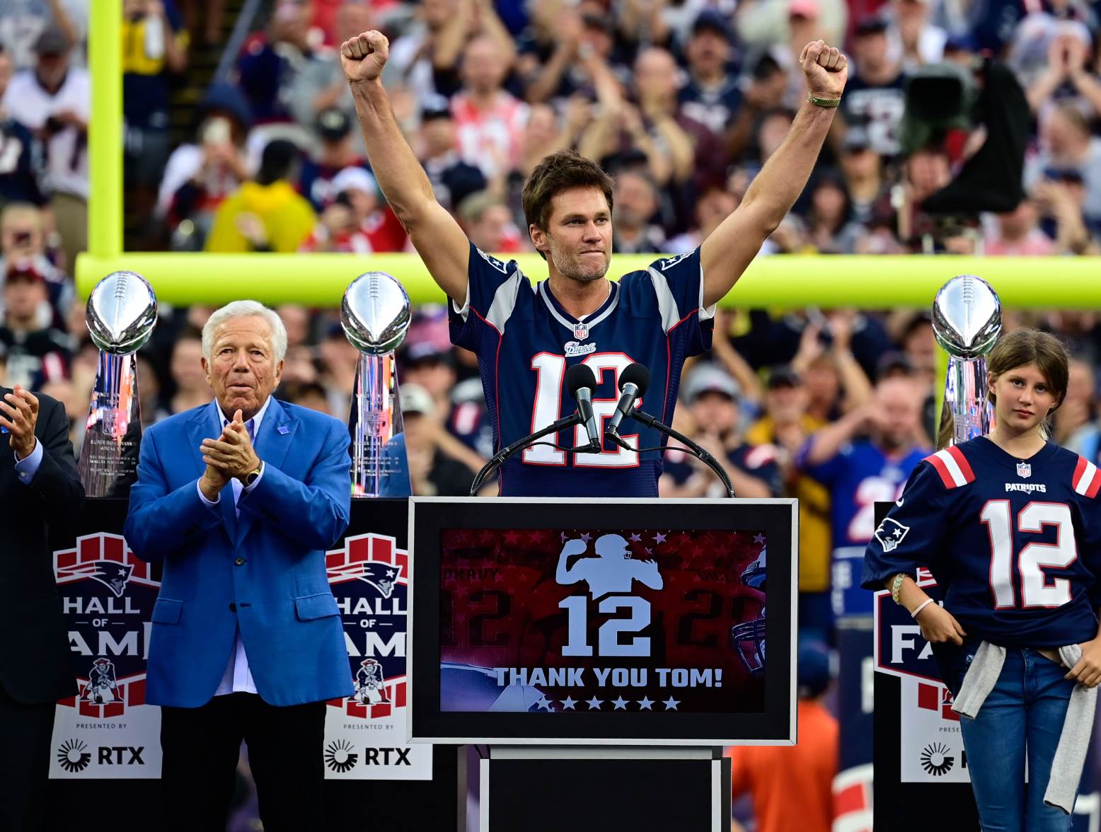 Sep 10, 2023; Foxborough, Massachusetts, USA; New England Patriots former quarterback Tom Brady speaks during a halftime ceremony in his honor during the game between the Philadelphia Eagles and New England Patriots at Gillette Stadium. Credit: Eric Canha-USA TODAY Sports