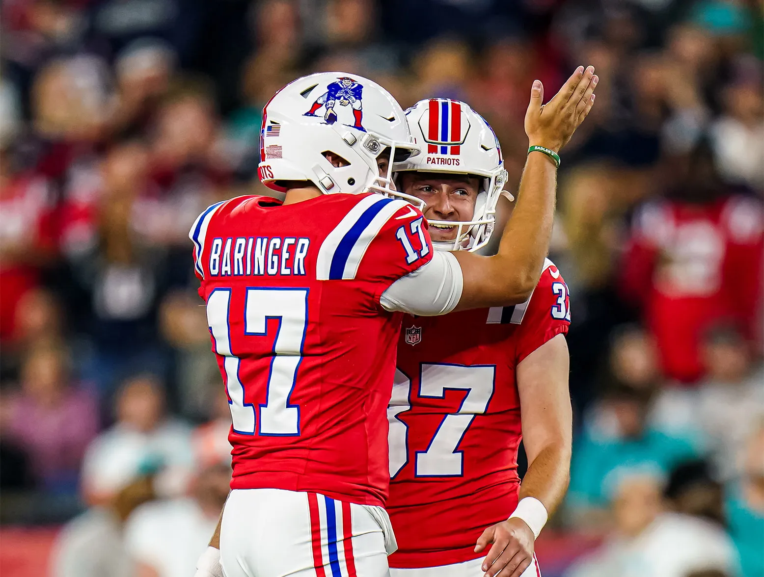 Sep 17, 2023; Foxborough, Massachusetts, USA; New England Patriots place kicker Chad Ryland (37) is congratulated by punter Bryce Baringer (17) after kicking a field goal against the Miami Dolphins in the second quarter at Gillette Stadium. Mandatory Credit: David Butler II-USA TODAY Sports