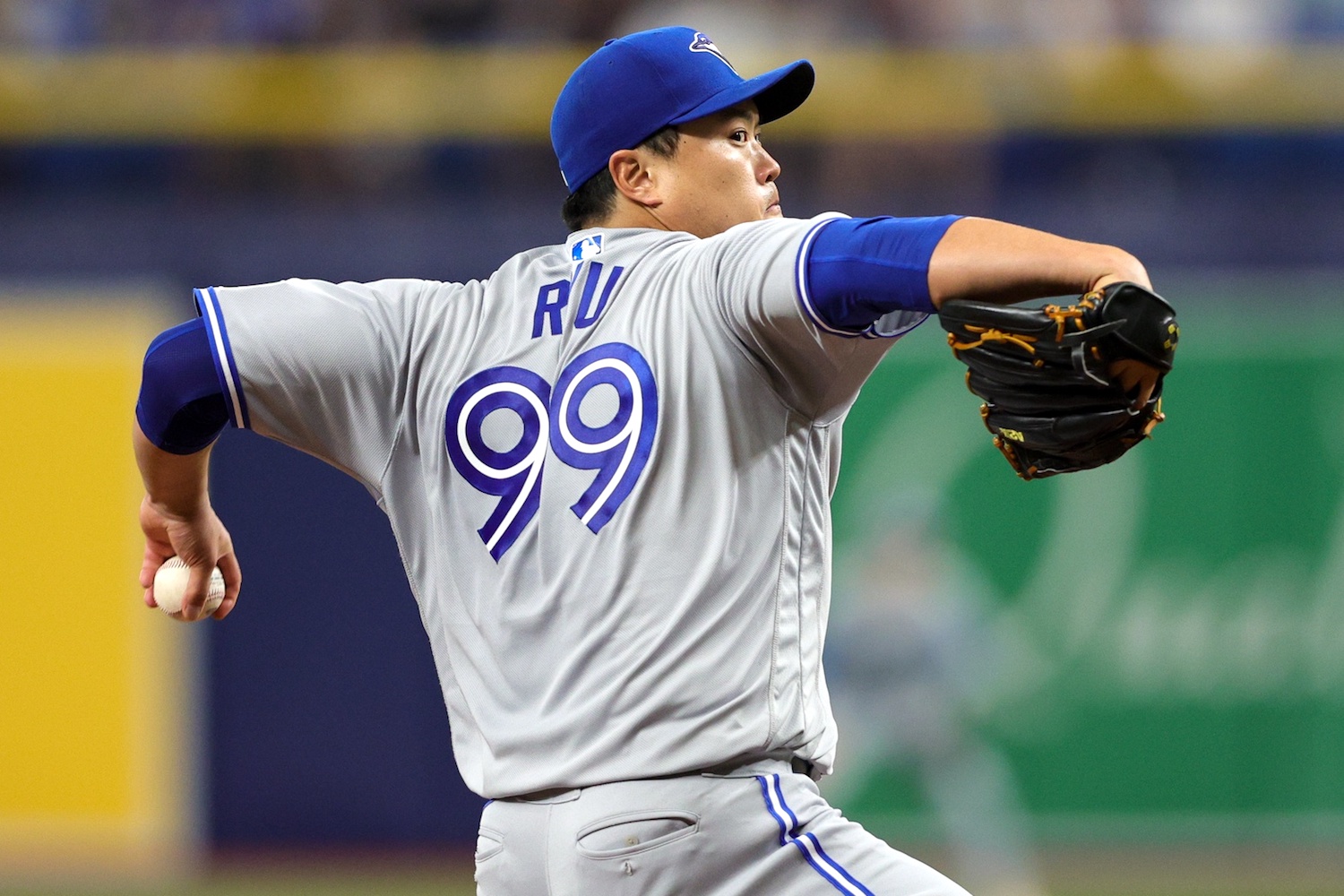 Sep 23, 2023; St. Petersburg, Florida, USA; Toronto Blue Jays starting pitcher Hyun Jin Ryu (99) throws a pitch against the Tampa Bay Rays in the fifth inning at Tropicana Field. Mandatory Credit: Nathan Ray Seebeck-USA TODAY Sports