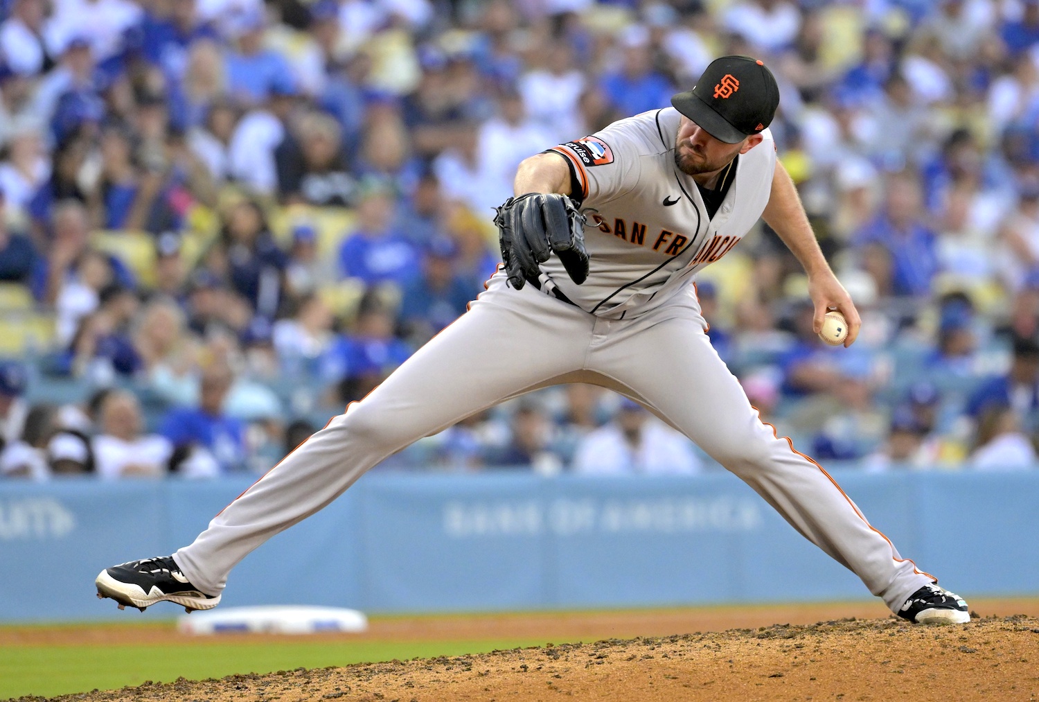 Sep 24, 2023; Los Angeles, California, USA; San Francisco Giants starting pitcher Alex Wood (57) throws to the plate in the sixth inning against the Los Angeles Dodgers at Dodger Stadium. Mandatory Credit: Jayne Kamin-Oncea-USA TODAY Sports