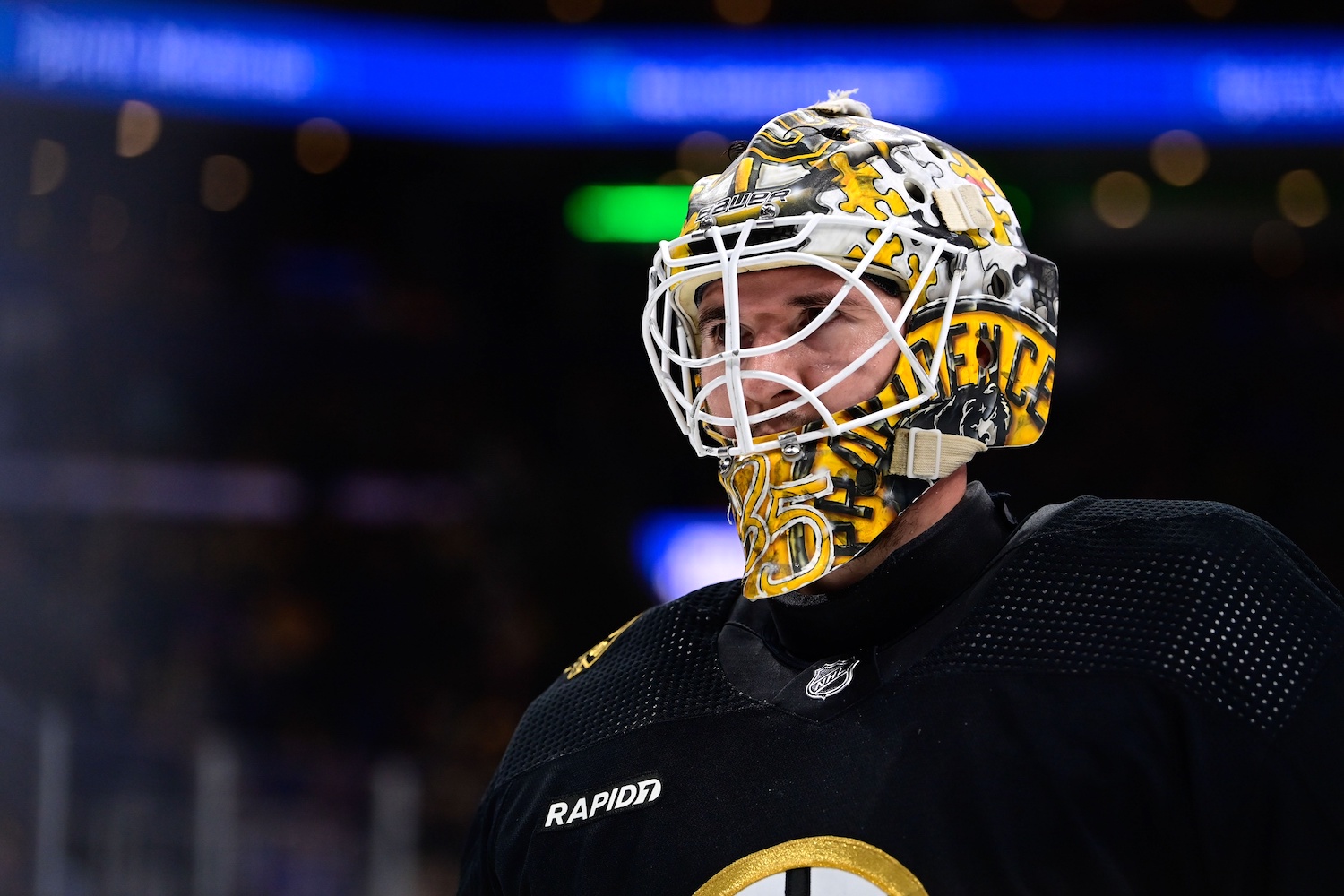 Sep 24, 2023; Boston, Massachusetts, USA; Boston Bruins goalie Brandon Bussi (30) waits for play to begin against the New York Rangers during the second period at TD Garden. Mandatory Credit: Eric Canha-USA TODAY Sports
