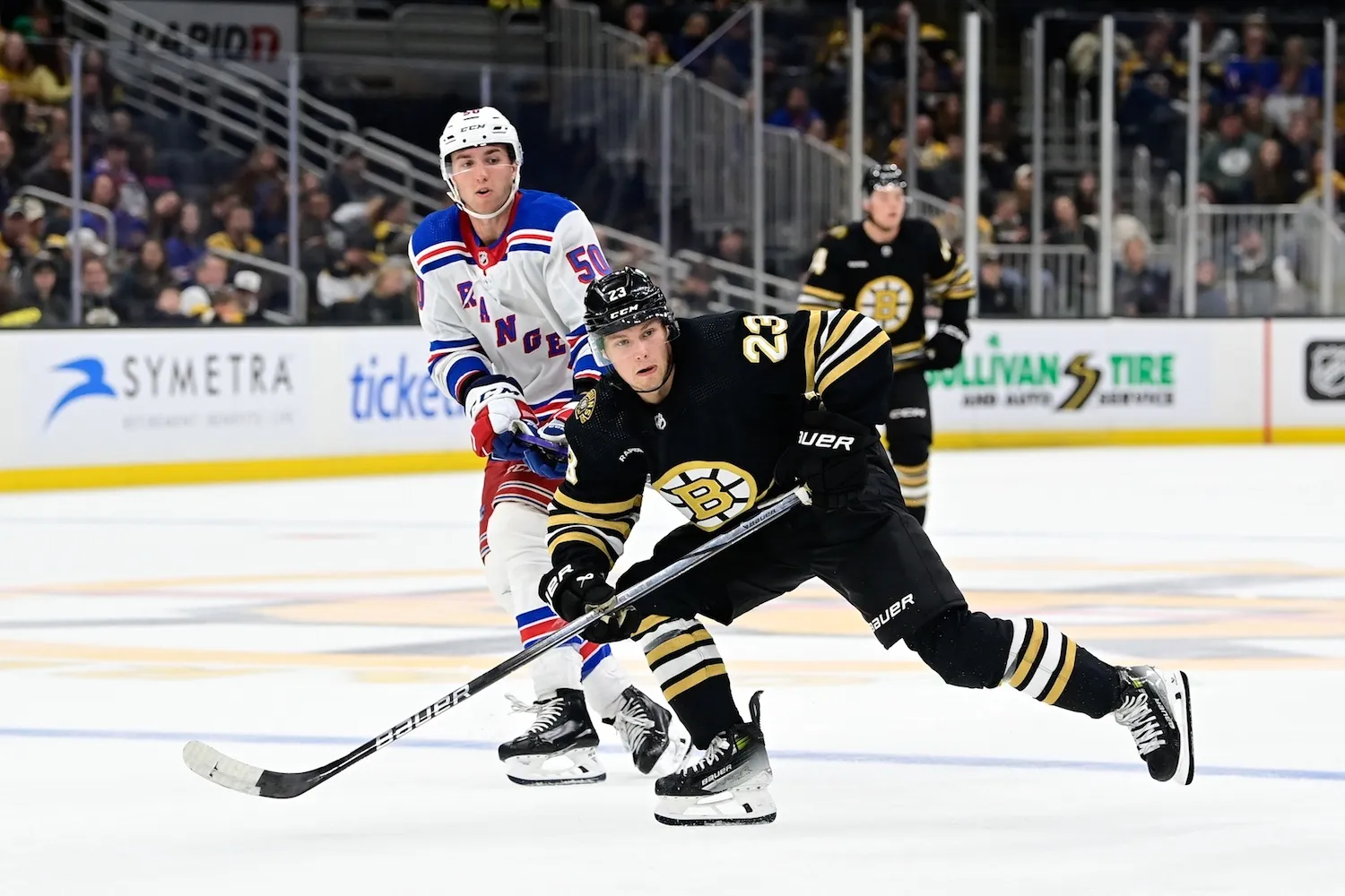 Sep 24, 2023; Boston, Massachusetts, USA; Boston Bruins right wing Fabian Lysell (23)  blocks a pass during the third period against the New York Rangers at TD Garden. Mandatory Credit: Eric Canha-USA TODAY Sports