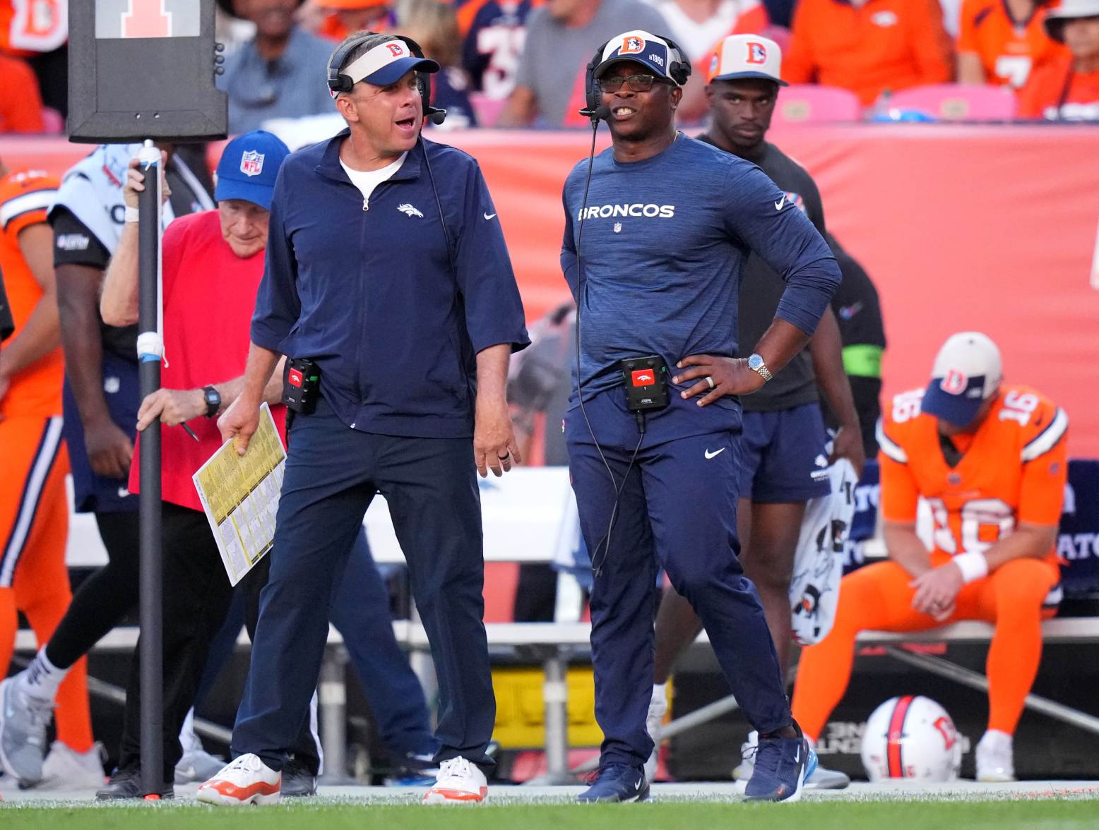 Oct 8, 2023; Denver, Colorado, USA; Denver Broncos Sean Peyton talks to defensive coordinator Vance Joseph following a first down reception by the New York Jets in the fourth quarter at Empower Field at Mile High. Credit: Ron Chenoy-USA TODAY Sports