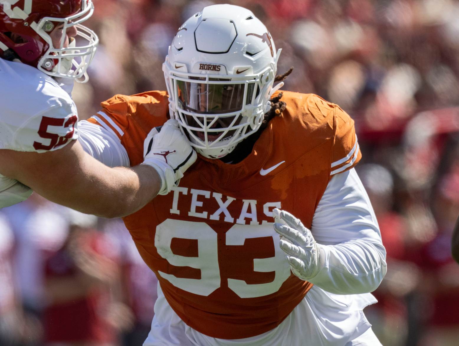 Oct 7, 2023; Dallas, Texas, USA; Texas Longhorns defensive lineman T'Vondre Sweat (93) in action during the game between the Texas Longhorns and the Oklahoma Sooners at the Cotton Bowl. Credit: Jerome Miron-USA TODAY Sports