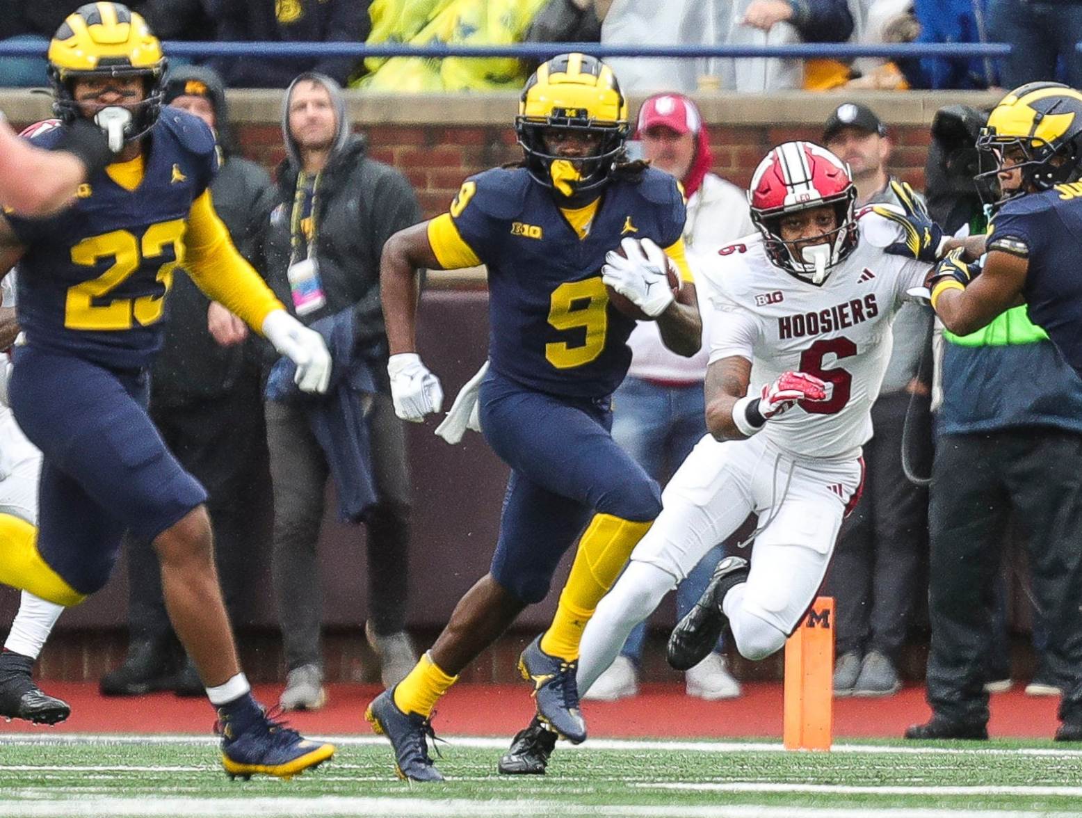 Michigan defensive back Rod Moore runs after intercepting a pass vs. Indiana during the first half at Michigan Stadium in Ann Arbor on Saturday, Oct. 14, 2023. (Junfu Han/USA Today Network)