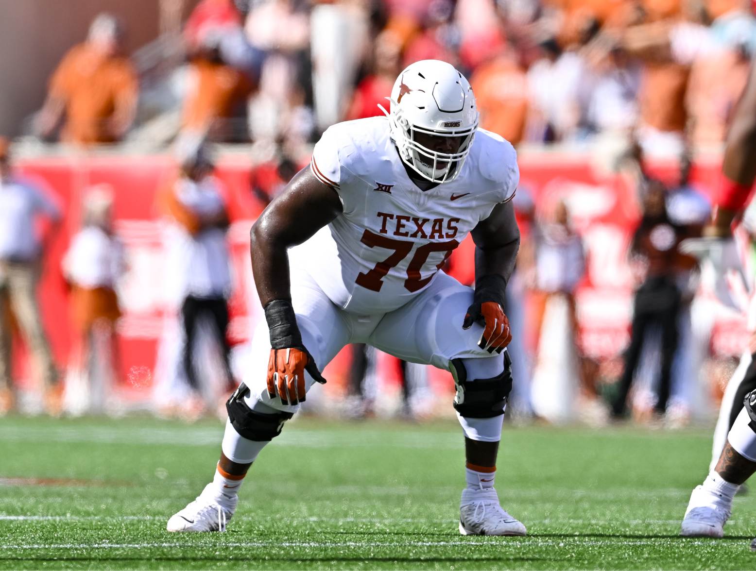 Oct 21, 2023; Houston, Texas, USA; Texas Longhorns offensive lineman Christian Jones (70) in action during the first quarter against the Houston Cougars at TDECU Stadium. Credit: Maria Lysaker-USA TODAY Sports