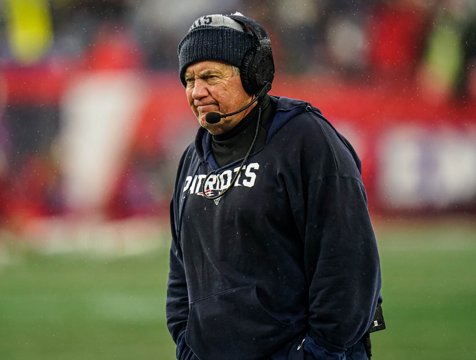 Dec 3, 2023; Foxborough, Massachusetts, USA; New England Patriots head coach Bill Belichick watches from the sideline as they take on the Los Angeles Chargers at Gillette Stadium. Credit: David Butler II-USA TODAY Sports