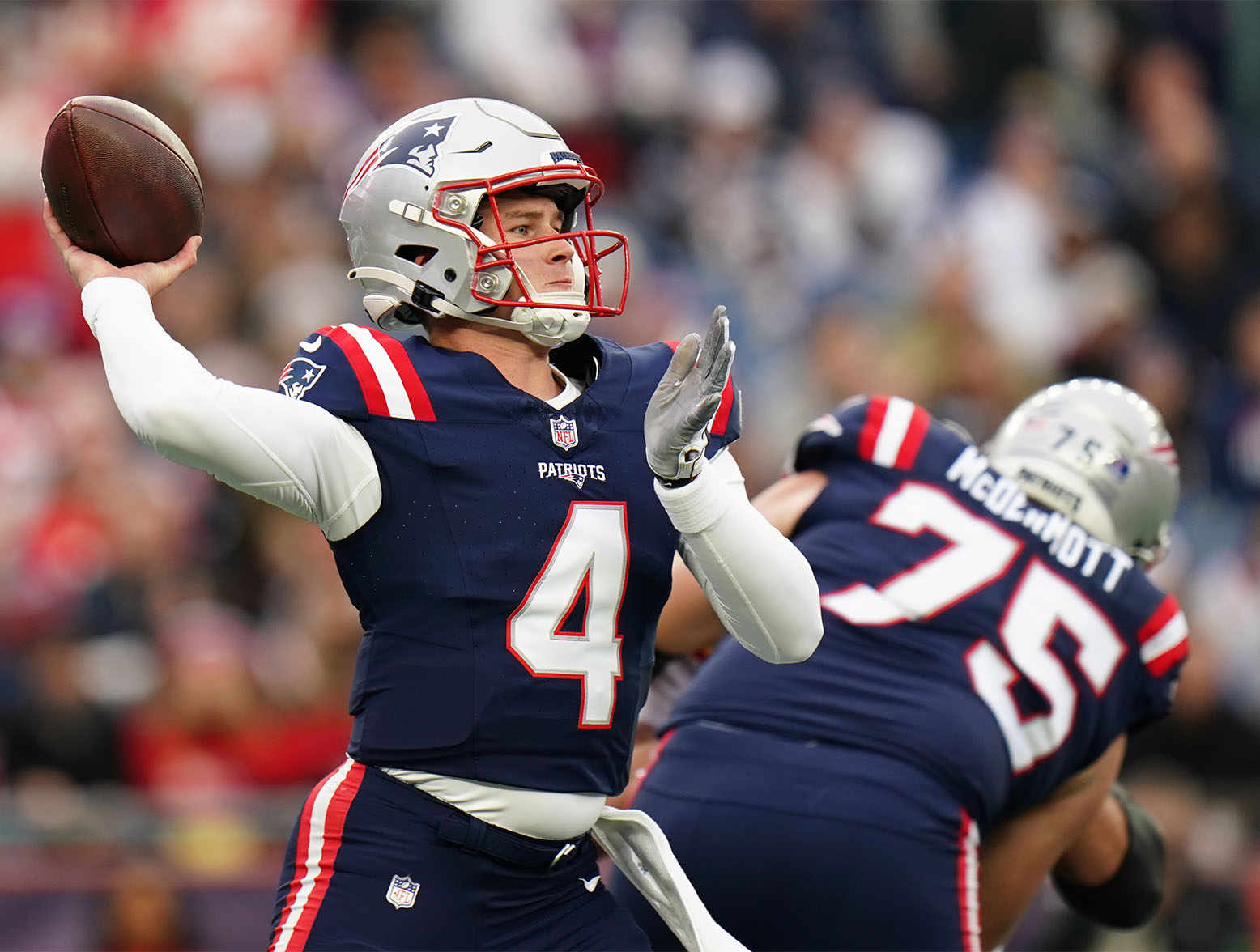 Dec 17, 2023; Foxborough, Massachusetts, USA; New England Patriots quarterback Bailey Zappe (4) throws a pass against the Kansas City Chiefs in the first quarter at Gillette Stadium. Mandatory Credit: David Butler II-USA TODAY Sports