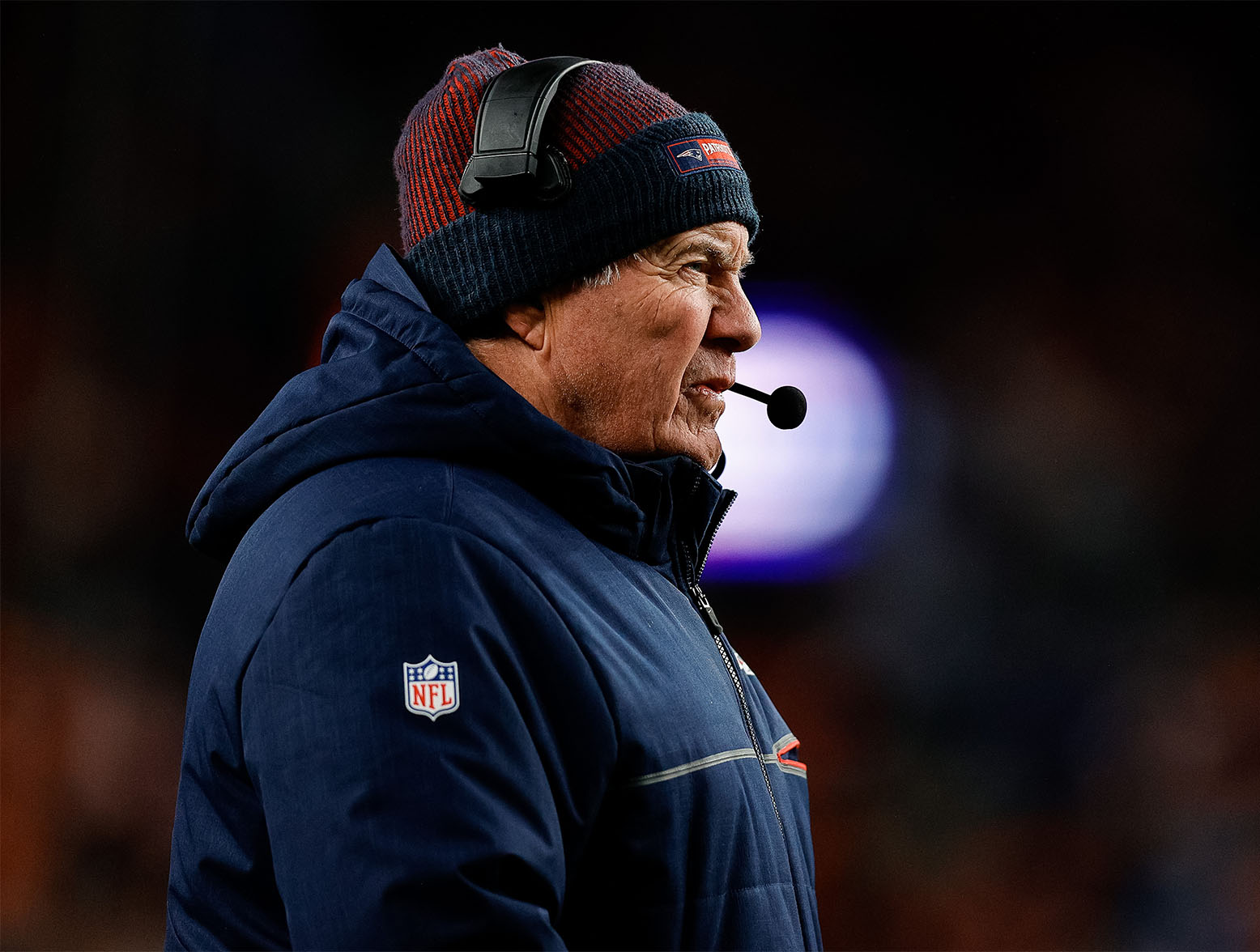 Dec 24, 2023; Denver, Colorado, USA; New England Patriots head coach Bill Belichick in the second quarter against the Denver Broncos at Empower Field at Mile High. Mandatory Credit: Isaiah J. Downing-USA TODAY Sports