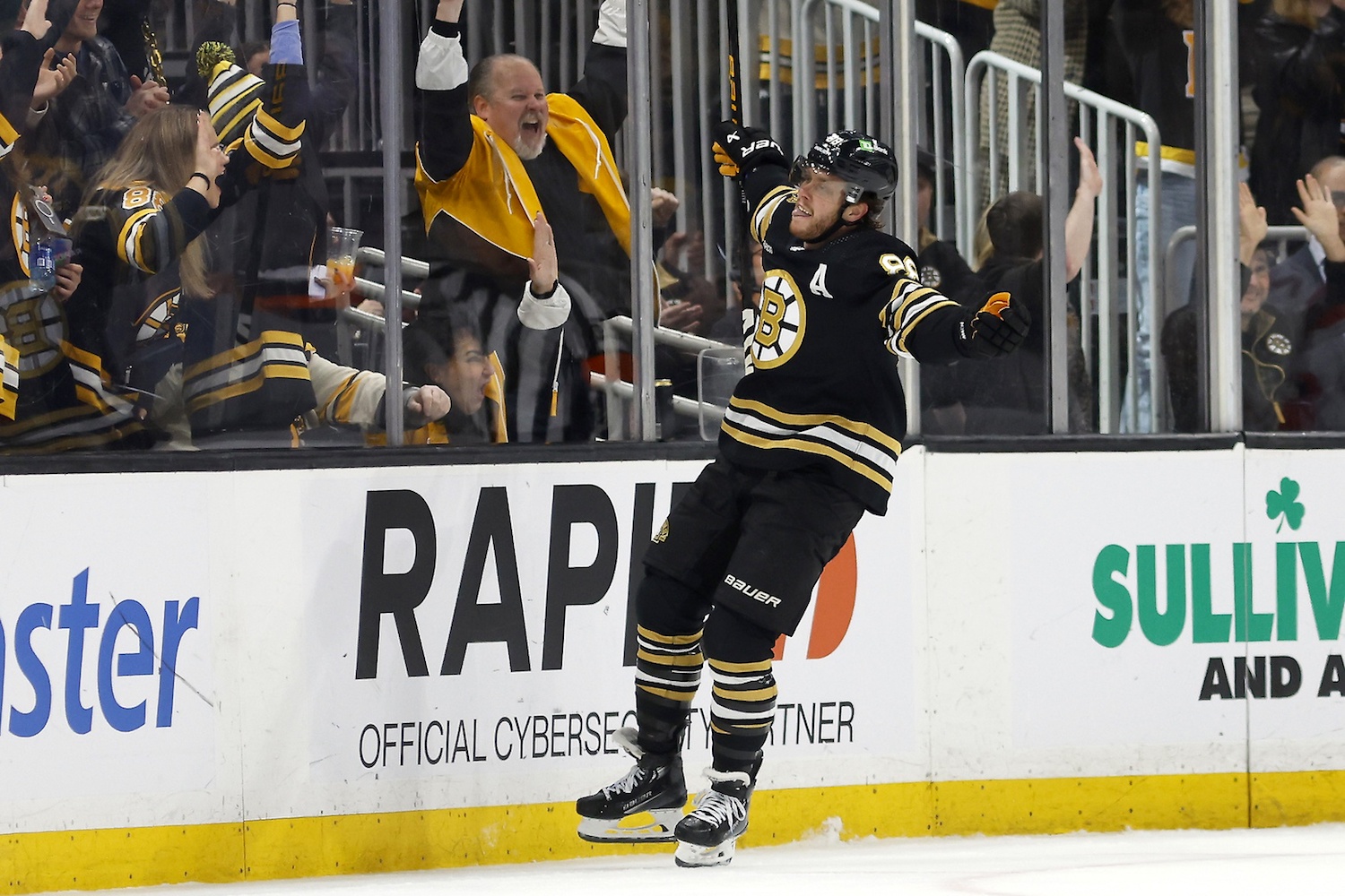 Dec 30, 2023; Boston, Massachusetts, USA; Boston Bruins right wing David Pastrnak (88) celebrates his goal against the New Jersey Devils during the second period at TD Garden. Mandatory Credit: Winslow Townson-USA TODAY Sports