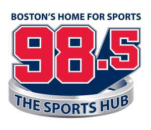 98.5 The Sports Hub logo. Blue and red, with white background.