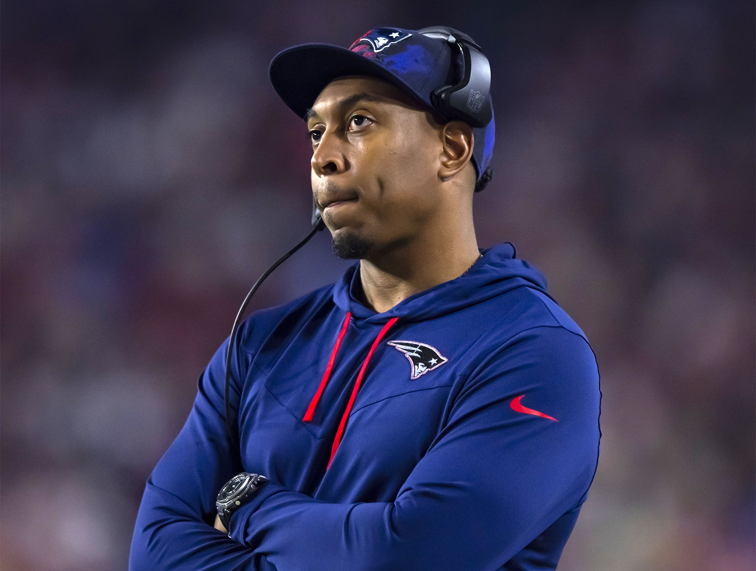 Dec 12, 2022; Glendale, Arizona, USA; New England Patriots defensive line coach DeMarcus Covington against the Arizona Cardinals at State Farm Stadium. Mandatory Credit: Mark J. Rebilas-USA TODAY Sports