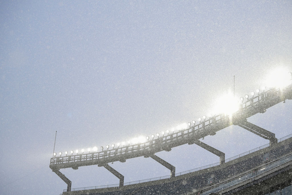 FOXBOROUGH, MA - JANUARY 03: A general view as snow falls during a game between the New England Patriots and the New York Jets at Gillette Stadium on January 3, 2021 in Foxborough, Massachusetts. (Photo by Billie Weiss/Getty Images)
