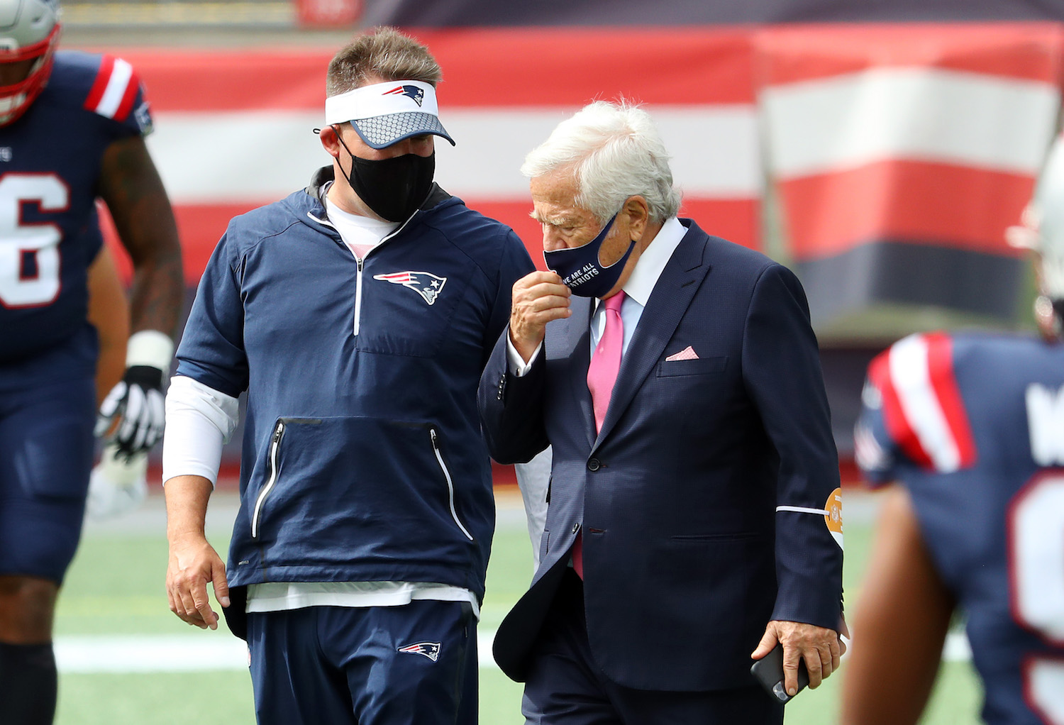 FOXBOROUGH, MASSACHUSETTS - SEPTEMBER 27: New England Patriots offensive coordinator Josh McDaniels walks with owner Robert Kraft before the game against the Las Vegas Raiders at Gillette Stadium on September 27, 2020 in Foxborough, Massachusetts. (Photo by Maddie Meyer/Getty Images)