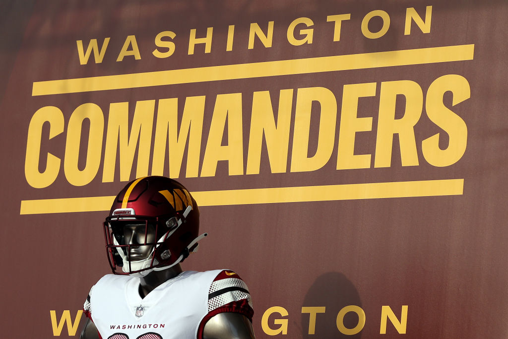 LANDOVER, MARYLAND - FEBRUARY 02: A detailed view of a Washington Commanders logo and new uniform during the announcement of the Washington Football Team's name change to the Washington Commanders at FedExField on February 02, 2022 in Landover, Maryland. (Photo by Rob Carr/Getty Images)