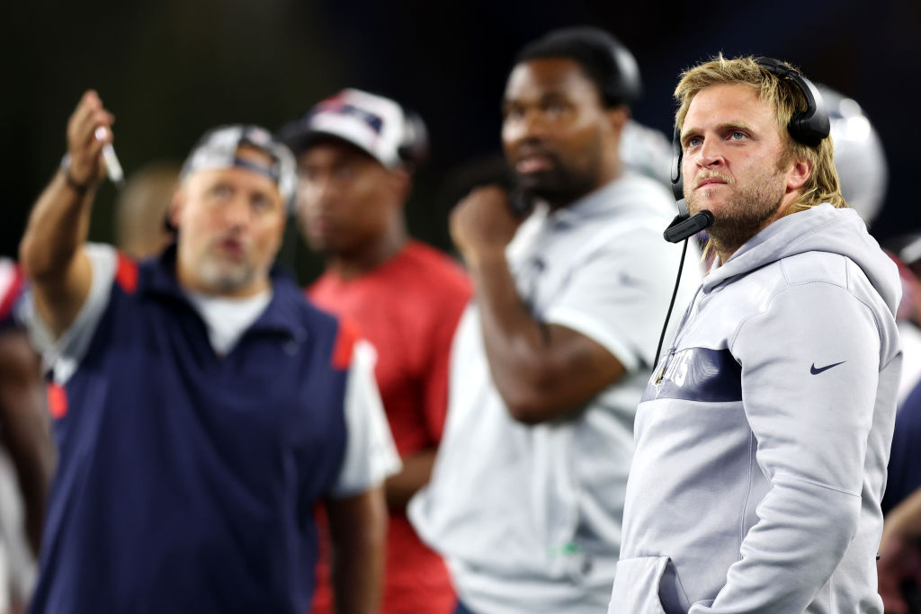 FOXBOROUGH, MASSACHUSETTS - AUGUST 19: New England Patriots linebackers coach Stephen Belichick during the preseason game between the New England Patriots and the Carolina Panthers at Gillette Stadium on August 19, 2022 in Foxborough, Massachusetts. (Photo by Maddie Meyer/Getty Images)