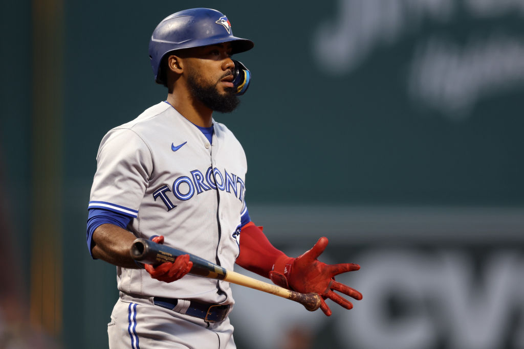 BOSTON, MASSACHUSETTS - AUGUST 24: Teoscar Hernandez #37 of the Toronto Blue Jays looks on during the second inning against the Boston Red Sox at Fenway Park on August 24, 2022 in Boston, Massachusetts. (Photo by Maddie Meyer/Getty Images)