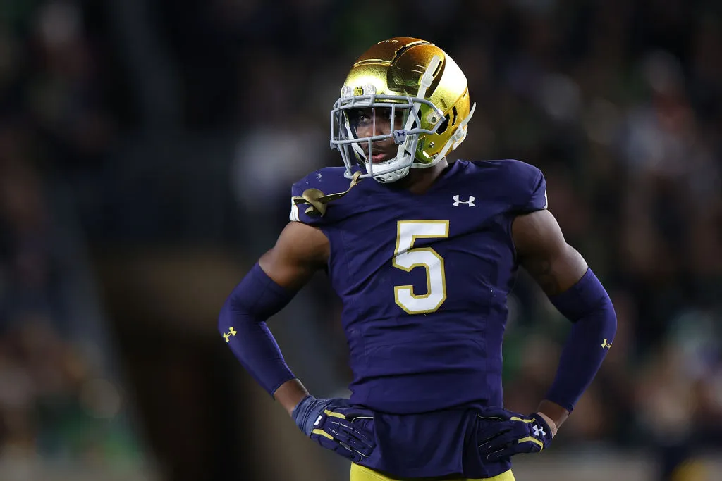 SOUTH BEND, INDIANA - OCTOBER 15: Cam Hart #5 of the Notre Dame Fighting Irish looks on against the Stanford Cardinal during the first half at Notre Dame Stadium on October 15, 2022 in South Bend, Indiana. (Photo by Michael Reaves/Getty Images)