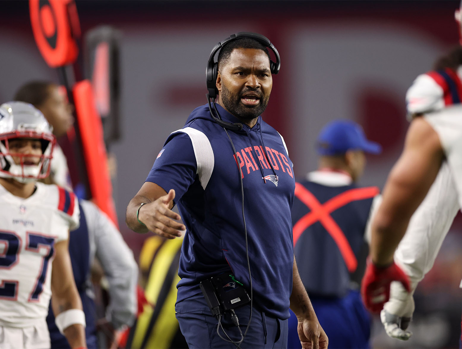 GLENDALE, ARIZONA - DECEMBER 12: Coach Jerod Mayo of the New England Patriots during the NFL game at State Farm Stadium on December 12, 2022 in Glendale, Arizona. The Patriots defeated the Cardinals 27-13. (Photo by Christian Petersen/Getty Images)
