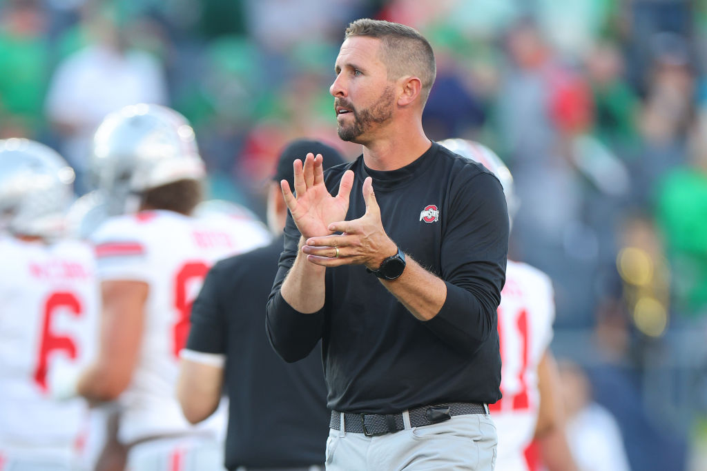 SOUTH BEND, INDIANA - SEPTEMBER 23: Offensive coordinator and wide receivers coach Brian Hartline of the Ohio State Buckeyes looks on prior to the game against the Notre Dame Fighting Irish at Notre Dame Stadium on September 23, 2023 in South Bend, Indiana. (Photo by Michael Reaves/Getty Images)