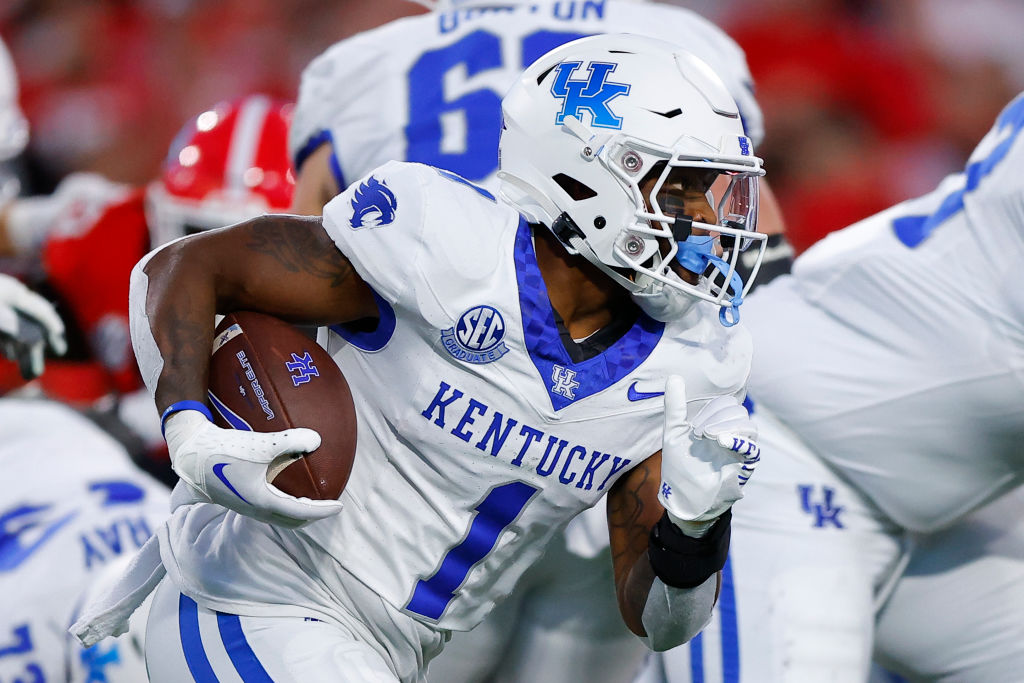 ATHENS, GEORGIA - OCTOBER 7: Ray Davis #1 of the Kentucky Wildcats rushes during the first quarter against the Georgia Bulldogs at Sanford Stadium on October 7, 2023 in Athens, Georgia. (Photo by Todd Kirkland/Getty Images)