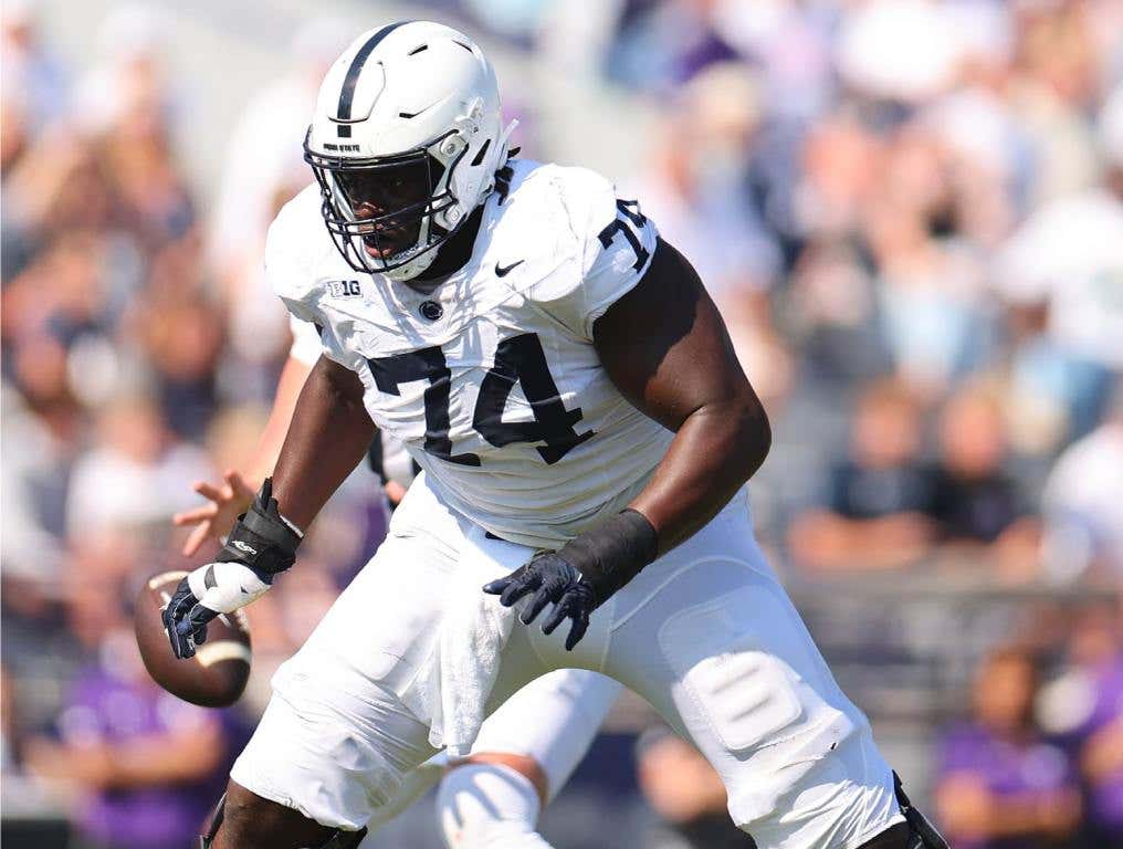 EVANSTON, ILLINOIS - SEPTEMBER 30: Olumuyiwa Fashanu #74 of the Penn State Nittany Lions in action against the Northwestern Wildcats during the second half at Ryan Field on September 30, 2023 in Evanston, Illinois. (Photo by Michael Reaves/Getty Images)