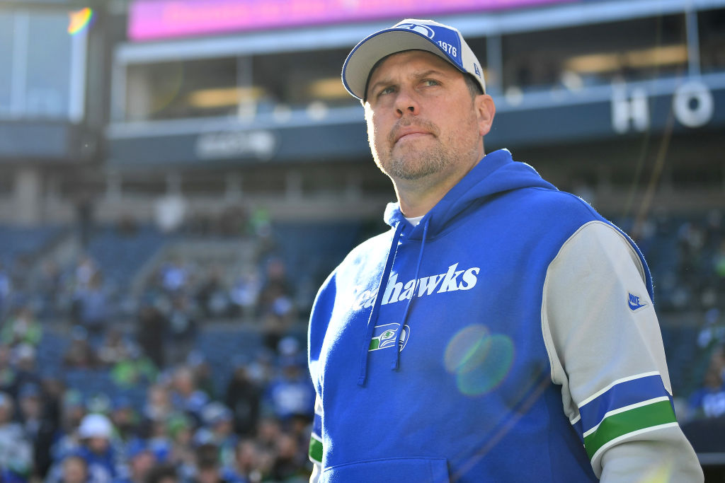 SEATTLE, WASHINGTON - OCTOBER 29: Offensive Coordinator Shane Waldron of the Seattle Seahawks looks on prior to a game against the Cleveland Browns at Lumen Field on October 29, 2023 in Seattle, Washington. (Photo by Jane Gershovich/Getty Images)