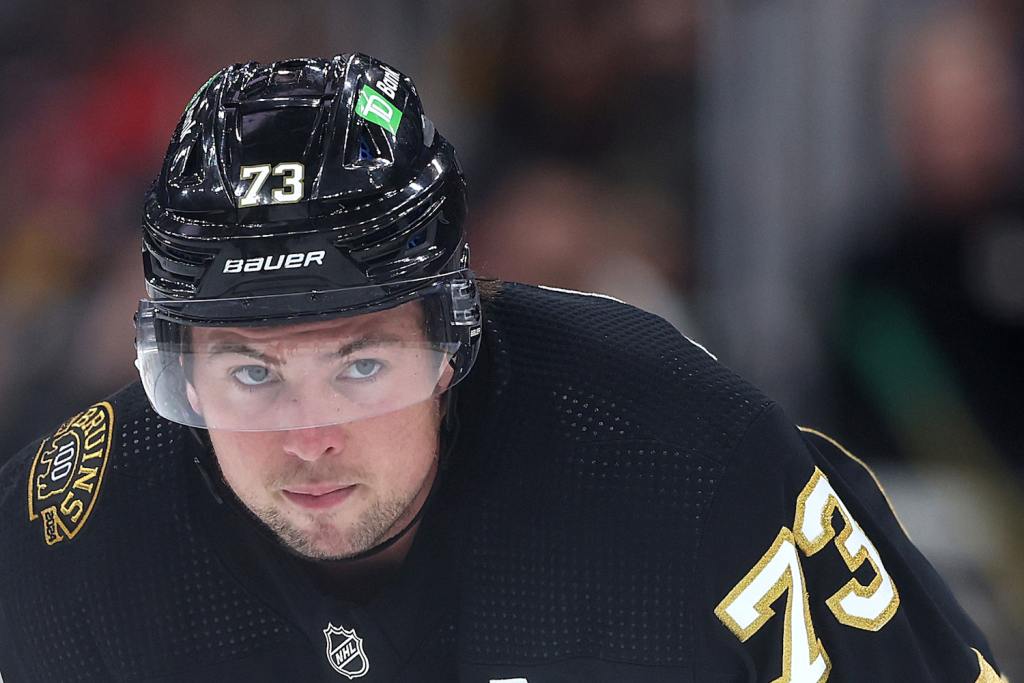 BOSTON, MASSACHUSETTS - OCTOBER 30: Charlie McAvoy #73 of the Boston Bruins looks on during the third period against the Florida Panthers at TD Garden on October 30, 2023 in Boston, Massachusetts. (Photo by Maddie Meyer/Getty Images)