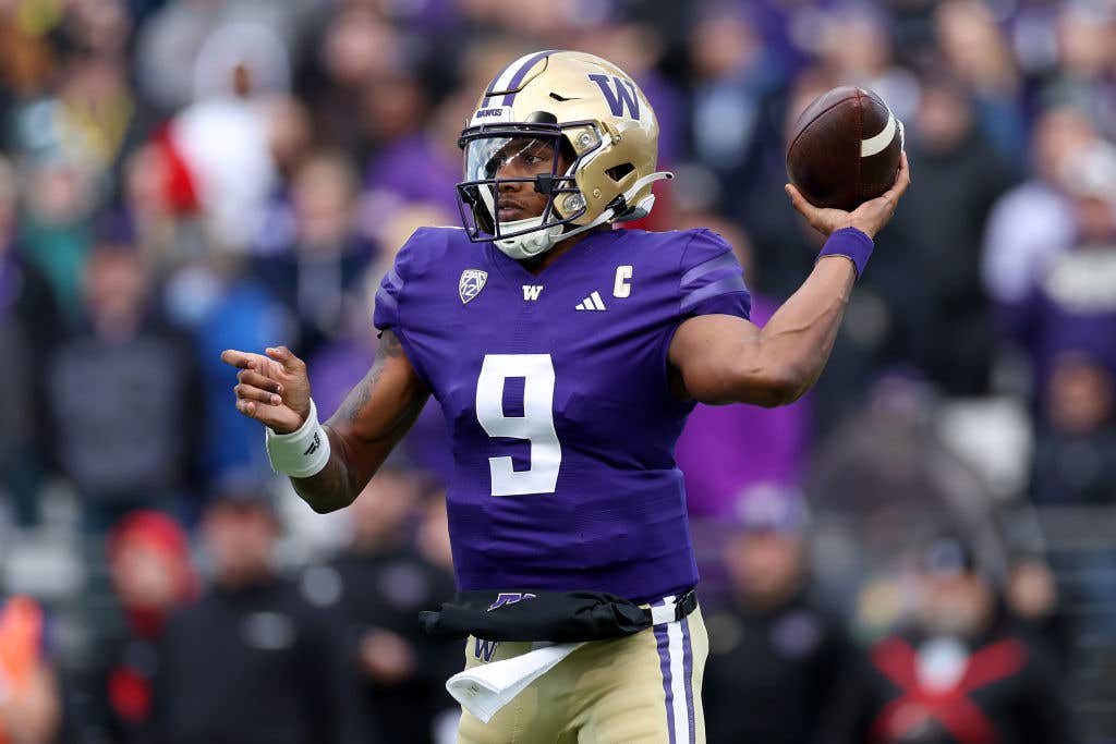 SEATTLE, WASHINGTON - NOVEMBER 11: Michael Penix Jr. #9 of the Washington Huskies passes against the Utah Utes during the second quarter at Husky Stadium on November 11, 2023 in Seattle, Washington. (Photo by Steph Chambers/Getty Images)