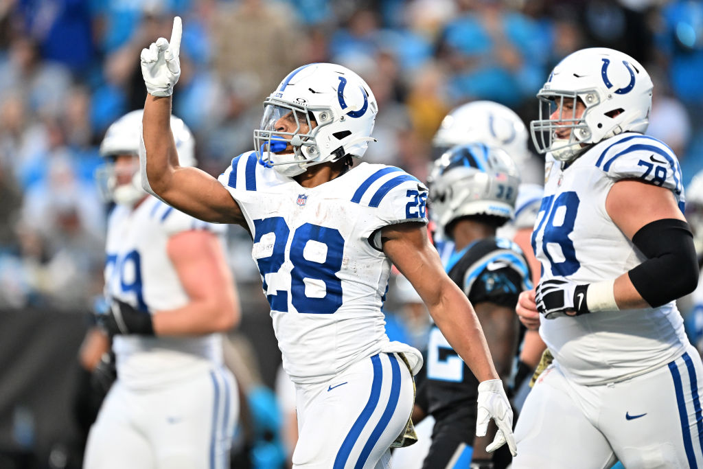 CHARLOTTE, NORTH CAROLINA - NOVEMBER 05: Jonathan Taylor #28 of the Indianapolis Colts celebrates after rushing for a touchdown Carolina Panthers during the game at Bank of America Stadium on November 05, 2023 in Charlotte, North Carolina. (Photo by Grant Halverson/Getty Images)