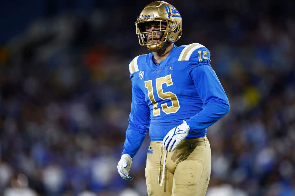 PASADENA, CALIFORNIA - NOVEMBER 11: Laiatu Latu #15 of the UCLA Bruins at Rose Bowl Stadium on November 11, 2023 in Pasadena, California. (Photo by Ronald Martinez/Getty Images)