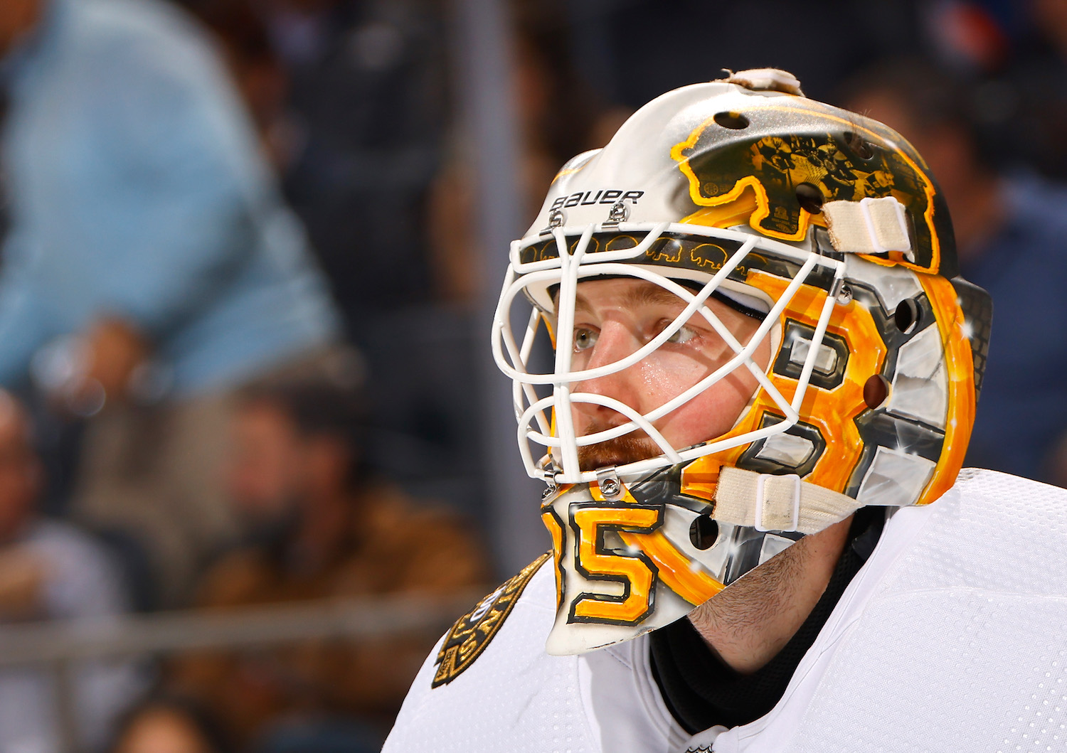 ELMONT, NEW YORK - DECEMBER 15: Linus Ullmark #35 of the Boston Bruins skates against the New York Islanders at UBS Arena on December 15, 2023 in Elmont, New York. (Photo by Bruce Bennett/Getty Images)