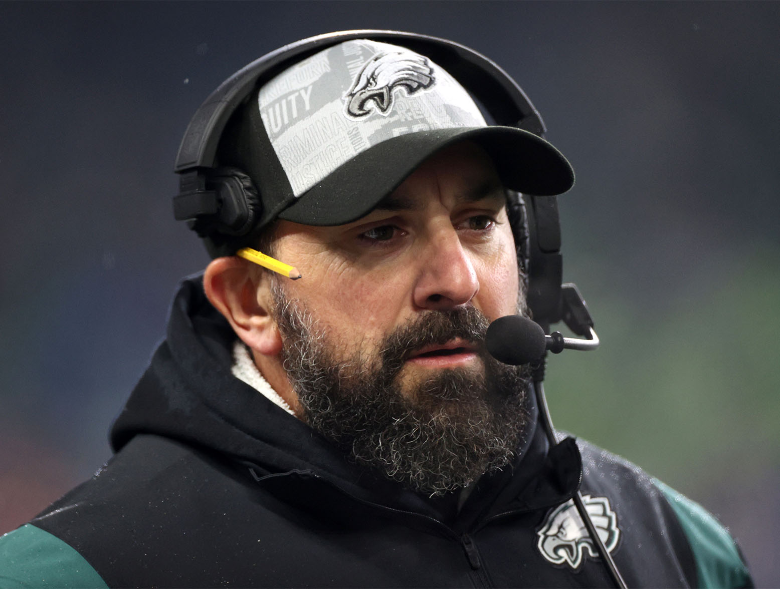 SEATTLE, WASHINGTON - DECEMBER 18: Philadelphia Eagles coach Matt Patricia looks on before a game against the Seattle Seahawks at Lumen Field on December 18, 2023 in Seattle, Washington. (Photo by Steph Chambers/Getty Images)