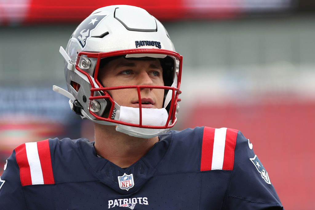 FOXBOROUGH, MASSACHUSETTS - DECEMBER 17: Mac Jones #10 of the New England Patriots looks on before the game against the Kansas City Chiefs  at Gillette Stadium on December 17, 2023 in Foxborough, Massachusetts. (Photo by Maddie Meyer/Getty Images)