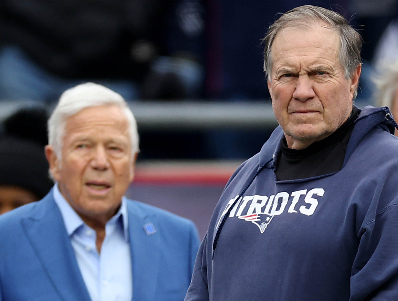 FOXBOROUGH, MASSACHUSETTS - DECEMBER 17: New England Patriots owner Robert Kraft and Head Coach Bill Belichick look on from the sideline before the game against the Kansas City Chiefs at Gillette Stadium on December 17, 2023 in Foxborough, Massachusetts. (Photo by Maddie Meyer/Getty Images)