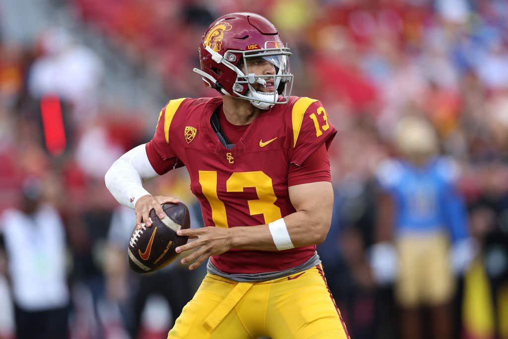 LOS ANGELES, CALIFORNIA - NOVEMBER 18: Caleb Williams #13 of the USC Trojans passes the ball during the first half of a game against the UCLA Bruins at United Airlines Field at the Los Angeles Memorial Coliseum on November 18, 2023 in Los Angeles, California. (Photo by Sean M. Haffey/Getty Images)