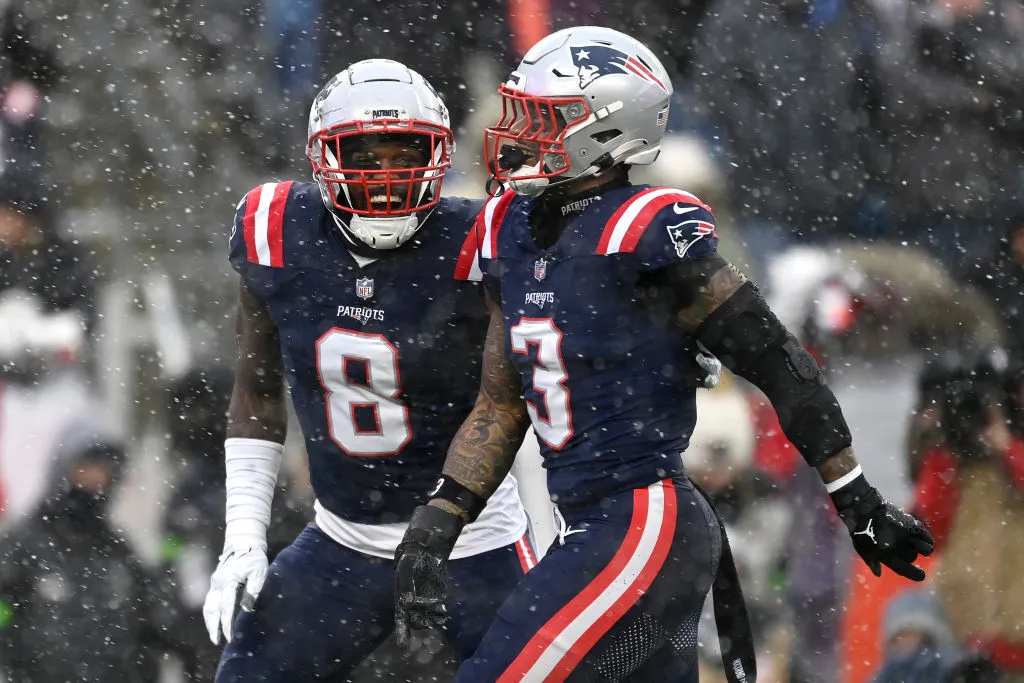 FOXBOROUGH, MASSACHUSETTS - JANUARY 07: Ja'Whaun Bentley #8 of the New England Patriots and Mack Wilson Sr. #3 of the New England Patriots celebrate after a sack in the first quarter at Gillette Stadium on January 07, 2024 in Foxborough, Massachusetts. (Photo by Billie Weiss/Getty Images)