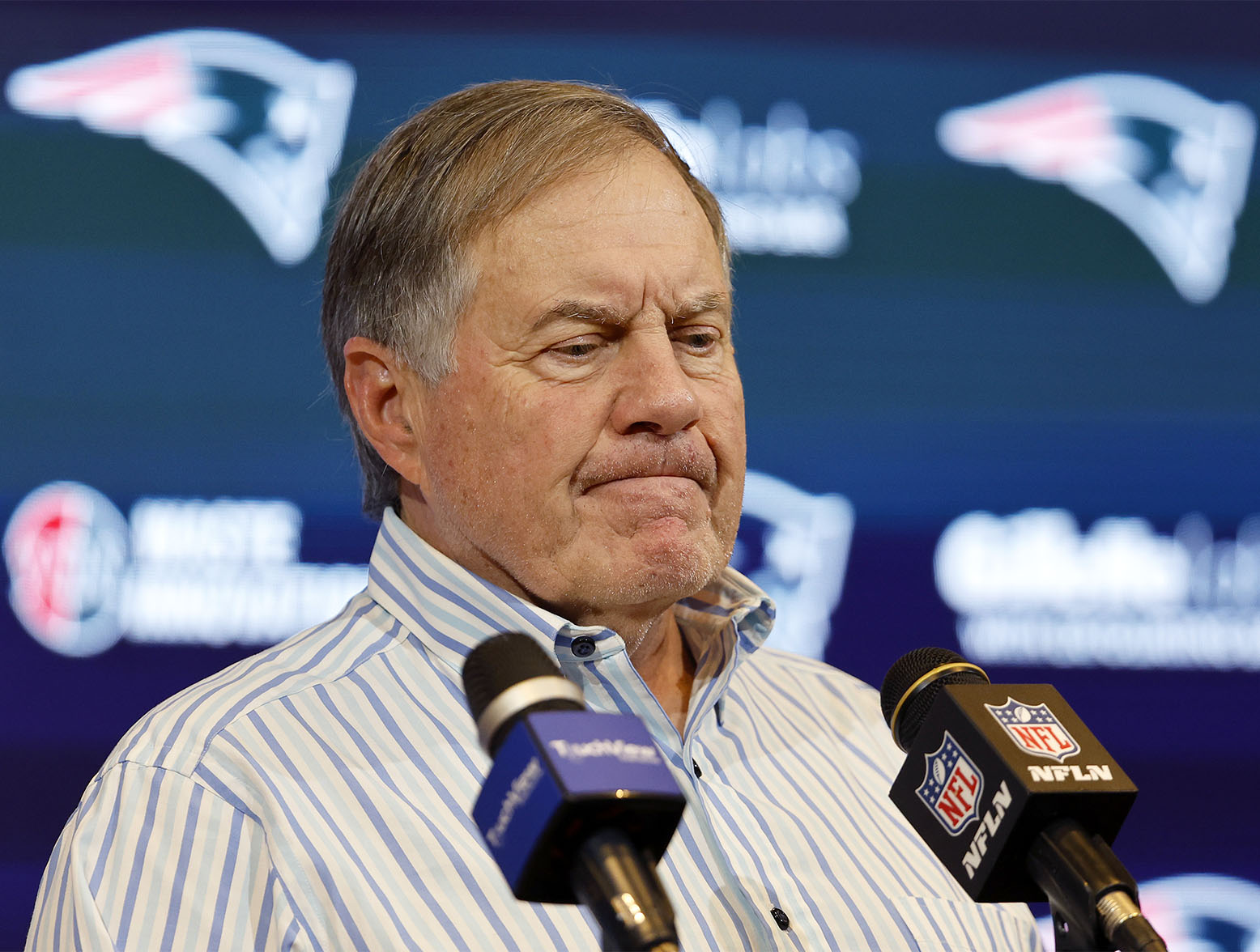 FOXBOROUGH, MASSACHUSETTS - JANUARY 07: New England Patriots head coach Bill Belichick speaks during a press conference after a game against the New York Jets at Gillette Stadium on January 07, 2024 in Foxborough, Massachusetts. (Photo by Winslow Townson/Getty Images)