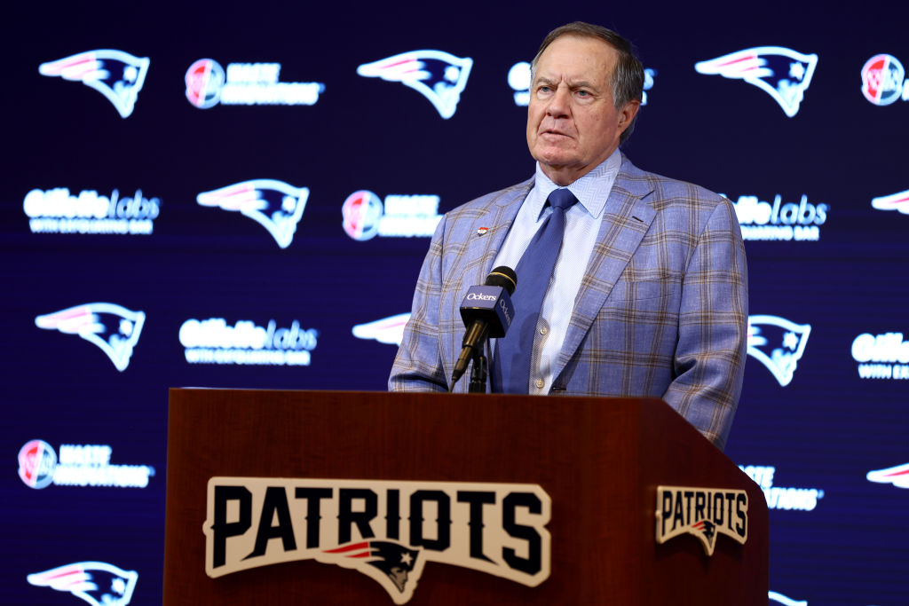 FOXBOROUGH, MASSACHUSETTS - JANUARY 11: Head coach Bill Belichick of the New England Patriots speaks to the media during a press conference at Gillette Stadium on January 11, 2024 in Foxborough, Massachusetts. Belichick announced he is stepping down as head coach after 24 seasons with the team. (Photo by Maddie Meyer/Getty Images)