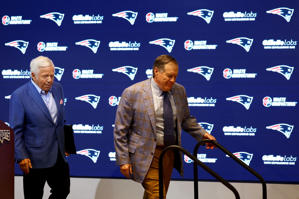 FOXBOROUGH, MASSACHUSETTS - JANUARY 11: Head coach Bill Belichick (R) of the New England Patriots and owner Robert Kraft (L) walk off the stage after a press conference at Gillette Stadium on January 11, 2024 in Foxborough, Massachusetts. Belichick announced he is stepping down as head coach after 24 seasons with the team. (Photo by Maddie Meyer/Getty Images)