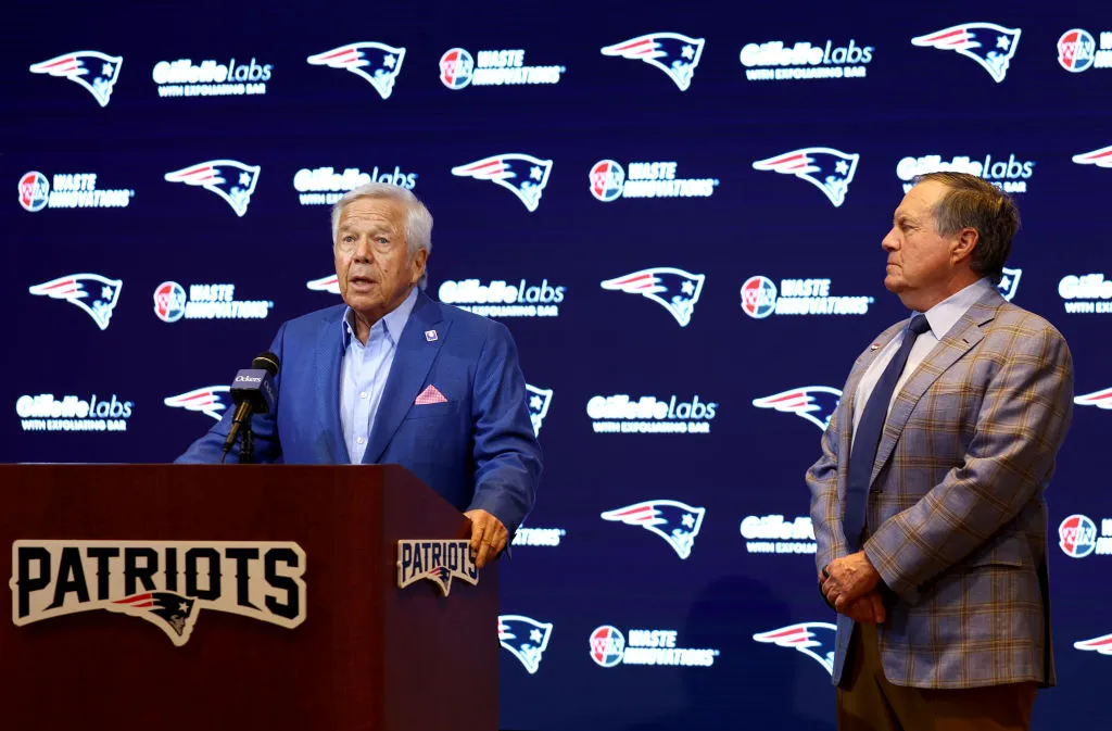 FOXBOROUGH, MASSACHUSETTS - JANUARY 11: Owner Robert Kraft (L) speaks to the media as head coach Bill Belichick (R) of the New England Patriots looks on during a press conference at Gillette Stadium on January 11, 2024 in Foxborough, Massachusetts. Belichick announced he is stepping down as head coach after 24 seasons with the team. (Photo by Maddie Meyer/Getty Images)