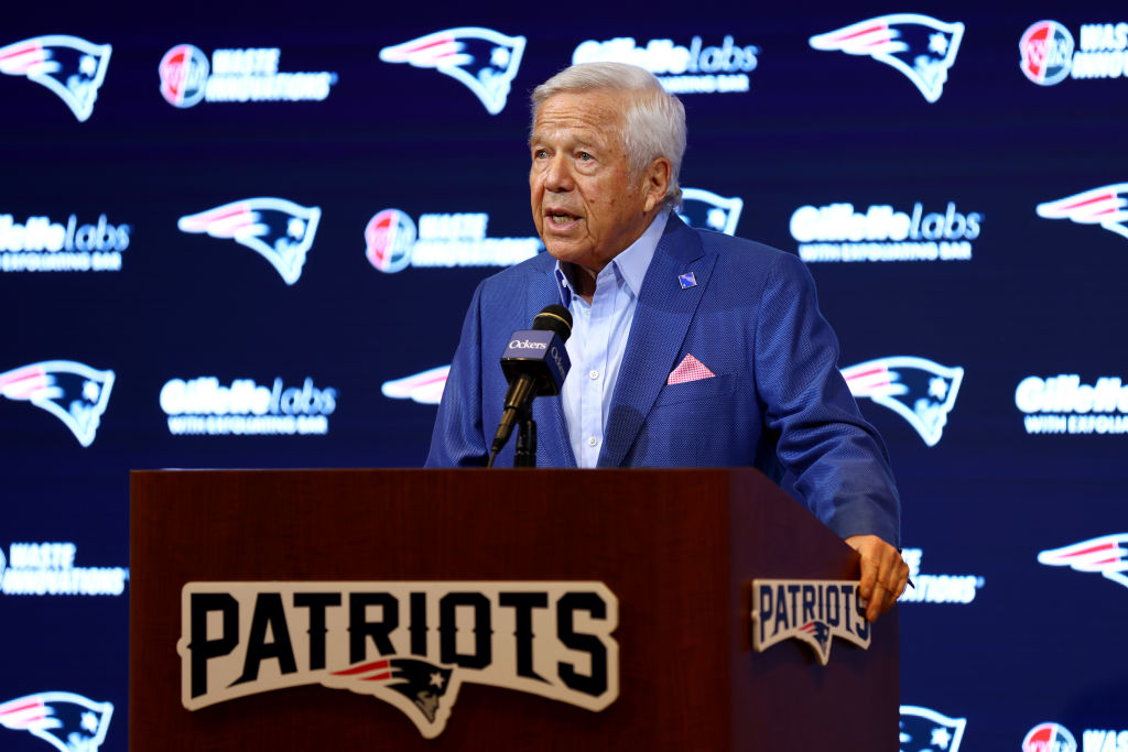 FOXBOROUGH, MASSACHUSETTS - JANUARY 11: Owner Robert Kraft of the New England Patriots speaks to the media during a press conference at Gillette Stadium on January 11, 2024 in Foxborough, Massachusetts. (Photo by Maddie Meyer/Getty Images)