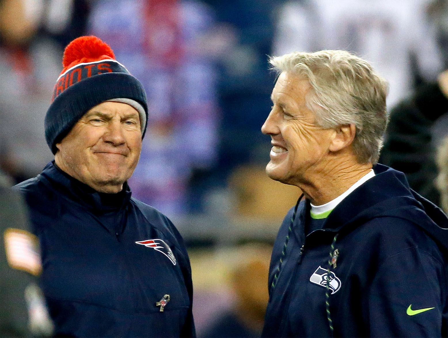 FOXBORO, MA - NOVEMBER 13: Head coach Bill Belichick of the New England Patriots talks with Head coach Pete Carroll of the Seattle Seahawks before a game at Gillette Stadium on November 13, 2016 in Foxboro, Massachusetts. (Photo by Jim Rogash/Getty Images)