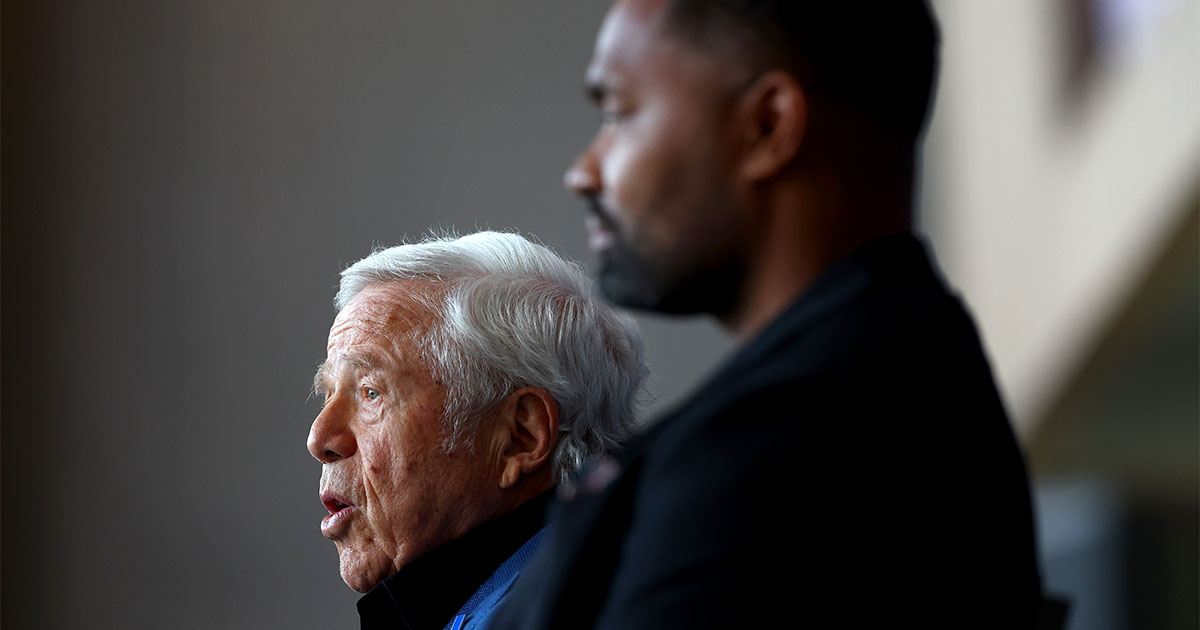 FOXBOROUGH, MASSACHUSETTS - JANUARY 17: (L-R) Owner Robert Kraft and newly appointed head coach Jerod Mayo of the New England Patriots speak to the media during a press conference at Gillette Stadium on January 17, 2024 in Foxborough, Massachusetts. (Photo by Maddie Meyer/Getty Images)