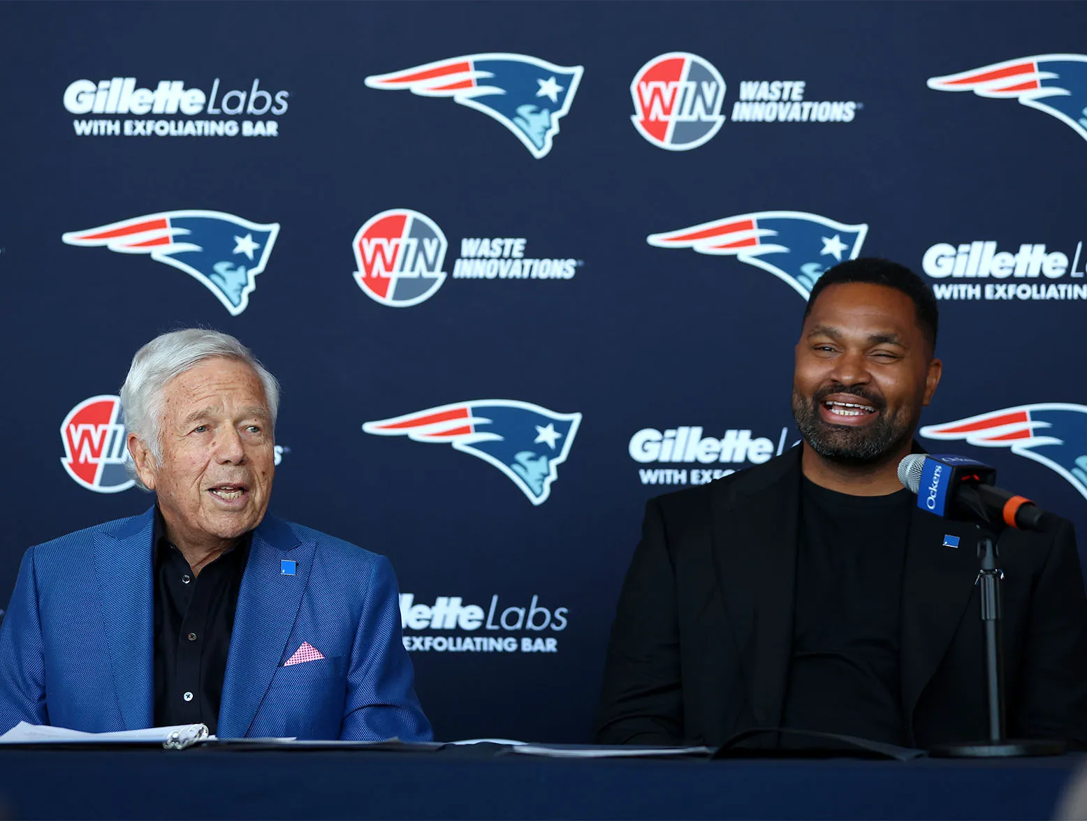 FOXBOROUGH, MASSACHUSETTS - JANUARY 17: (L-R) Owner Robert Kraft and newly appointed head coach Jerod Mayo of the New England Patriots speak to the media during a press conference at Gillette Stadium on January 17, 2024 in Foxborough, Massachusetts. (Photo by Maddie Meyer/Getty Images)