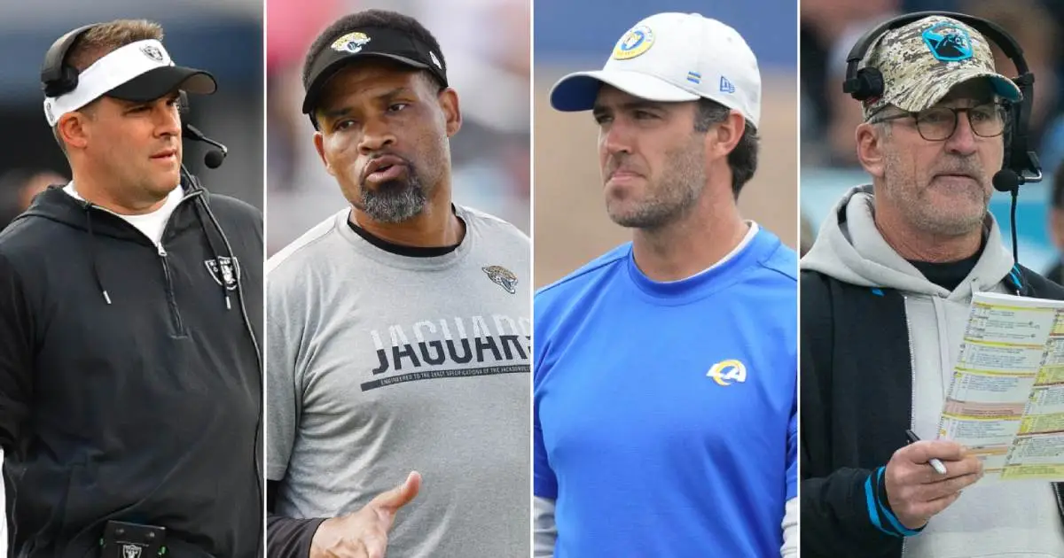 L-R: Former Patriots offensive coordinator and Las Vegas Raiders head coach Josh McDaniels, Minnesota Vikings wide receivers coach Keenan McCardell, Los Angeles Rams pass game coordinator/quarterbacks coach, and former Carolina Panthers head coach Frank Reich. (Credit L-R, Gary A. Vasquez, Bob Self, Kirby Lee, and Denny Simmons, via USA Today Network)