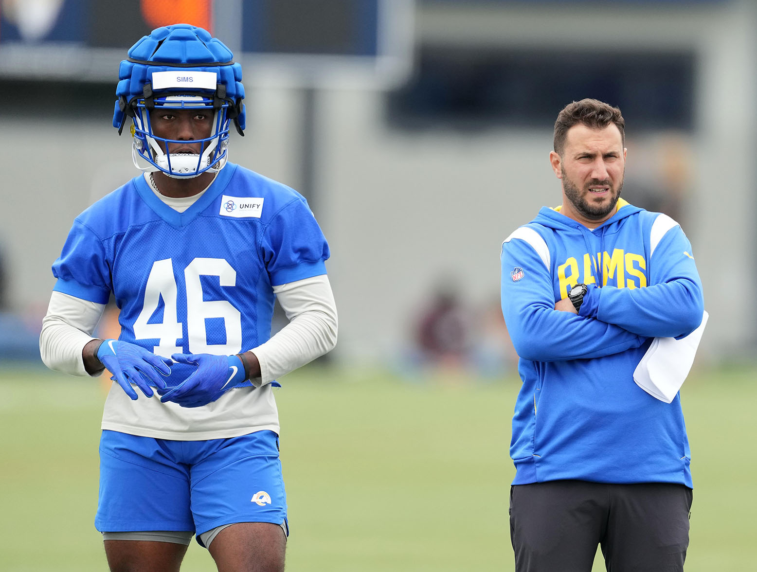 Jun 14, 2023; Thousand Oaks, CA, USA; Los Angeles Rams tight ends coach Nick Caley and tight end Christian Sims (46) during minicamp at Cal Lutheran University. Mandatory Credit: Kirby Lee-USA TODAY Sports